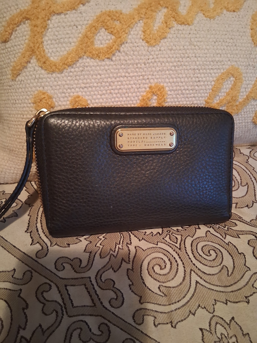 Marc by Marc Jacobs Black Pebbled Leather Wristlet with Gold Plaque